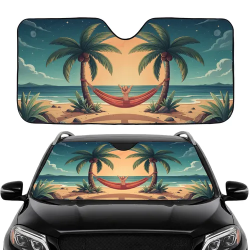 Palm Trees Shaka Hand Hammock Tropical Night - Car Interior Upgrade Car Sunshade
