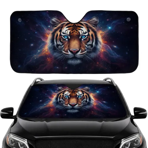 Cosmic Nebula Tiger Head Glowing Eyes Starlight Deep Space - Road Trip Travel Essentials Car Sunshade