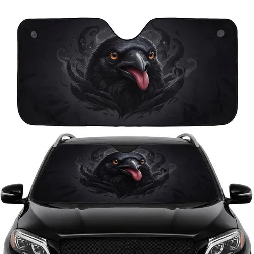 Wild-haired Black Crow Head Amber Eyes Red Tongue - Road Trip Essential Commute Upgrade Car Sunshade