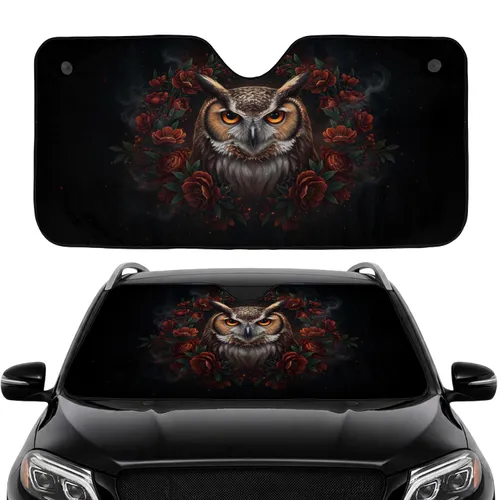 Brown Gold Owl Head Red Floral Wreath Berries - Car Interior Travel Essentials Car Sunshade