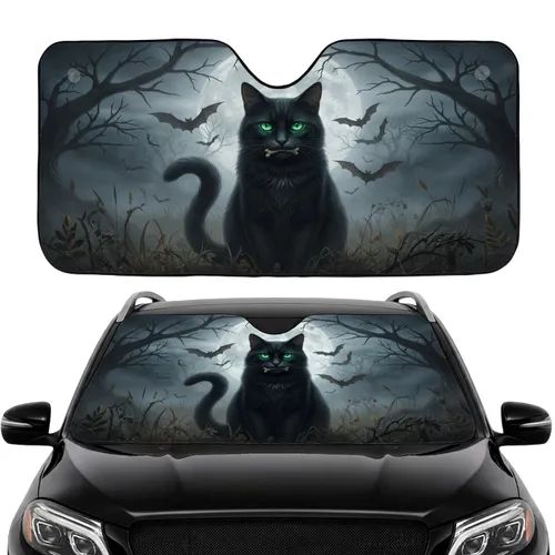 Black Cat Bone Charm Emerald Eyes Full Moon Bats Tree Branches - Car Interior Upgrade Car Sunshade