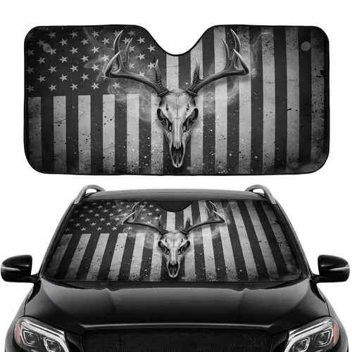 Deer Skull Monochrome American Flag - Rugged Car Interior Upgrade for Hunter Car Sunshade