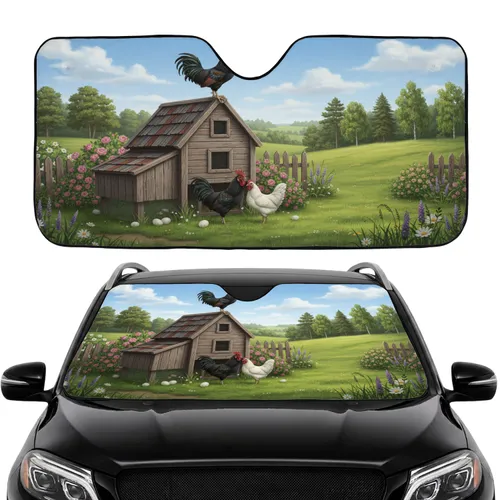 Rustic Chicken Coop Roosters Hen Farm Scene - Rural Commute Accessory Car Sunshade