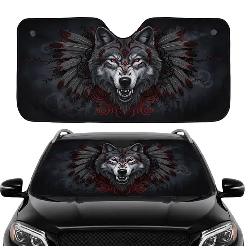 Grey Wolf Tribal Feather Red Eyes - Wildlife Lover Car Interior Upgrade Car Sunshade