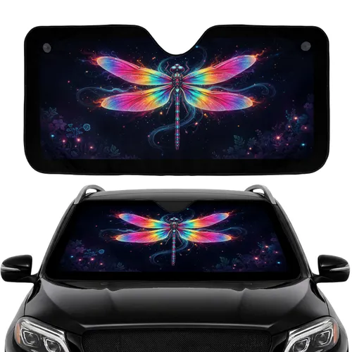 Majestic Iridescent Dragonfly Bioluminescent Flora Cosmic Mist - Travel Essentials Car Sunshade