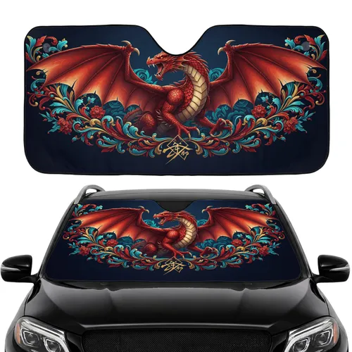 Roaring Red Dragon Gold Teal Floral - Car Interior Upgrade Car Sunshade