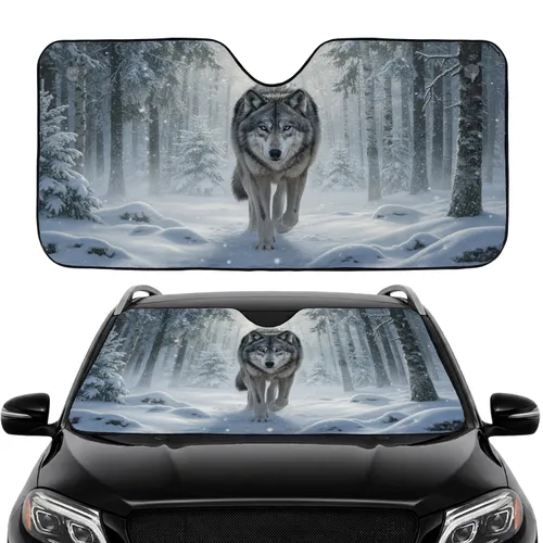 Gray Wolf Ice Blue Eyes Winter Forest - Road Trip Travel Accessory Car Sunshade