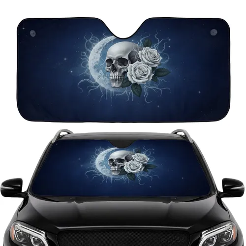 Skull Crescent Moon White Roses Star Clusters Organic Tendrils Car Interior Upgrade Car Sunshade