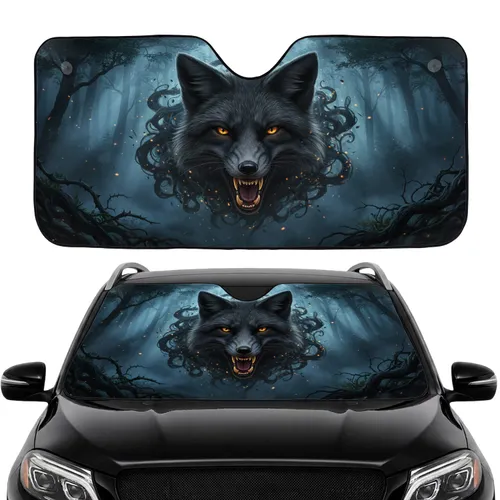 Menacing Black Fox Head Dark Forest Night Car Interior Upgrade Wildlife Lover Gift Car Sunshade