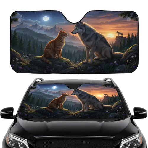 Orange Tabby Cat Grey Wolf Pine Forest Mountain Moon - Car Interior Upgrade Car Sunshade