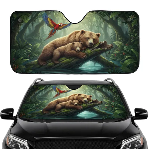 Brown Bear Cub Macaw Tropical Rainforest Car Interior Upgrade Bear Lover Car Sunshade