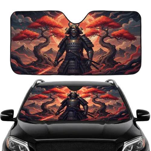Samurai Warrior Mask Horned Helmet Ancient Trees Orange Moon - Car Interior Upgrade Car Sunshade