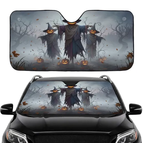 Scarecrow Jack-o'-Lanterns Pumpkins Withered Leaves Gnarled Trees - Car Interior Upgrade Car Sunshade