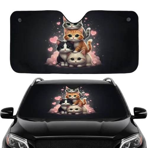 Four Cat Stack Green Eyes - Road Trip Gift for Cat Lover Car Sunshade
