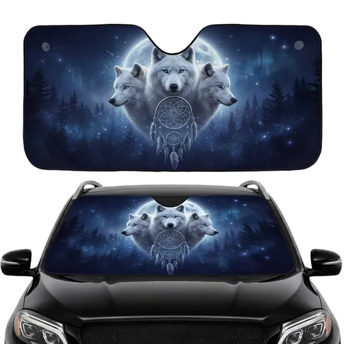 White Wolves Dreamcatcher Full Moon Forest - Road Trip Travel Essentials Wolf Lover Car Sunshade
