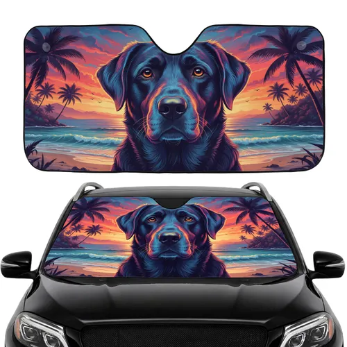 Vibrant Black Labrador Dog Tropical Palm Tree Ocean Sunset - Car Interior Upgrade Car Sunshade