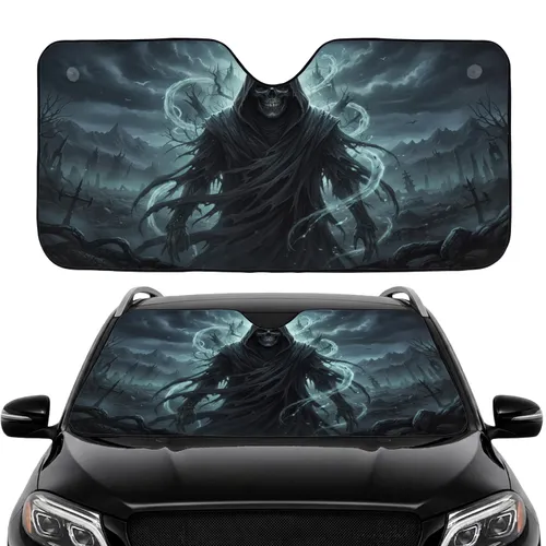 Menacing Grim Reaper Skull Hooded Cloak Desolate Landscape - Car Interior Upgrade Car Sunshade