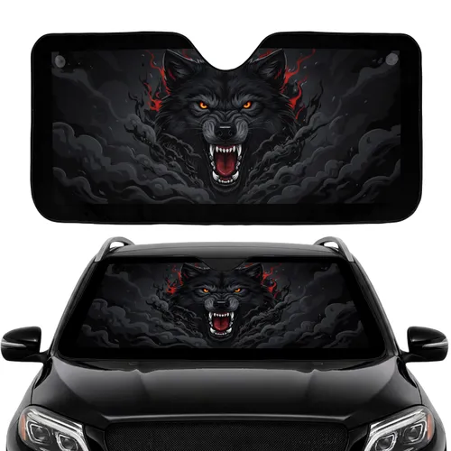 Snarling Black Wolf Glowing Orange Eyes Blood Red Tongue - Car Interior Upgrade for Wolf Lover Car Sunshade