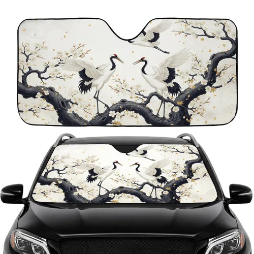 Japanese Red-crowned Cranes Cherry Blossom Tree - Car Interior Upgrade Car Sunshade