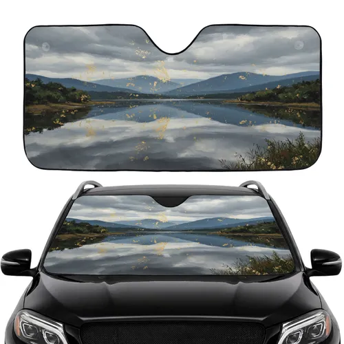 Lake River Mountain Gold Leaf Foliage Cloudscape - Car Interior Upgrade Car Sunshade