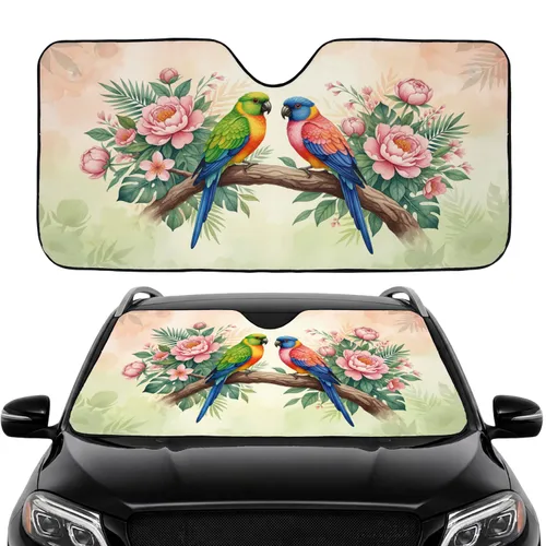 Vibrant Exotic Birds Pink Peony Tropical Foliage - Road Trip Gift Car Sunshade