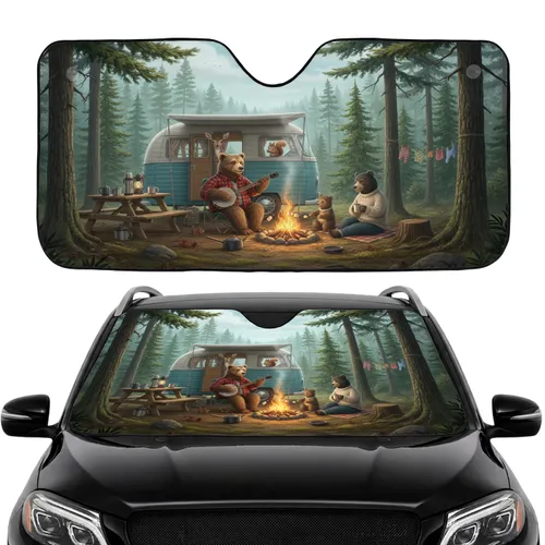 Bears Camping Scene Camper Van - Road Trip Travel Essentials Gift Car Sunshade