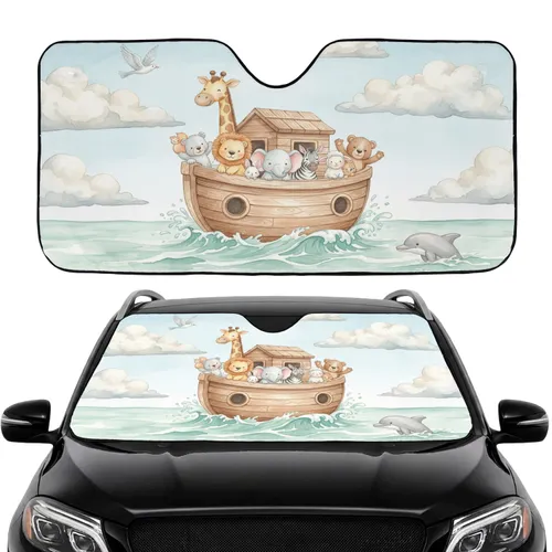 Wooden Ark Smiling Baby Animals Ocean Sky - Road Trip Gift Car Sunshade