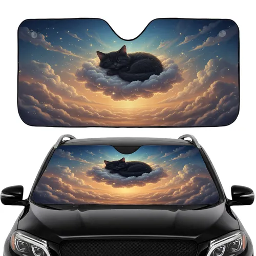 Black Kitten Sleeping Illuminated Clouds Stars Twilight Sky Car Interior Upgrade Car Sunshade