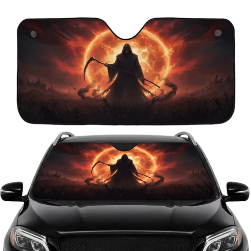 Cloaked Grim Reaper Scythe Fiery Celestial Portal - Commute Accessory Car Sunshade