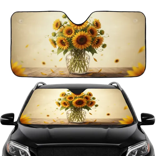 Sunflower Bouquet Glass Vase Rustic Wood Golden Glow - Car Interior Upgrade Car Sunshade