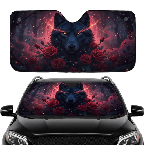 Black Wolf Red Roses Moonlit Forest - Car Interior Upgrade for Wolf Lover Car Sunshade