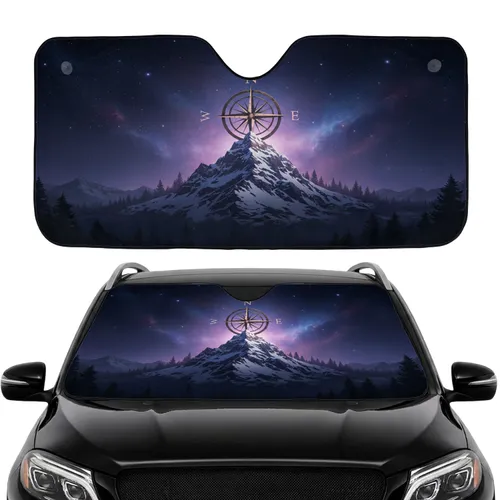 Rugged Mountain Compass Rose Cosmic Night Sky - Travel Essentials Car Sunshade