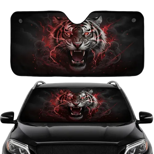 Snarling Roaring Tiger Head Lightning Dark Smoke Car Interior Upgrade Car Sunshade