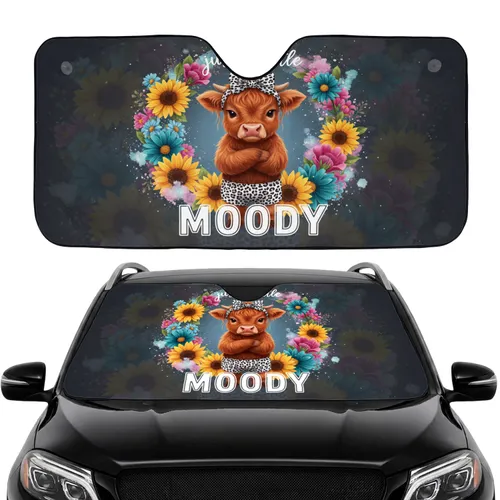 Highland Cow Calf Leopard Print Floral Wreath - Road Trip Commute Accessory Car Sunshade