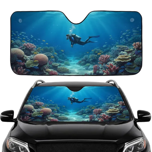Scuba Diver Coral Reef Fish Ocean Sunlight - Travel Essentials Car Interior Upgrade Car Sunshade