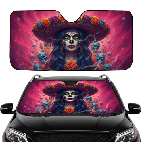 Calavera Woman Sugar Skull Green Eyes Sombrero Floral - Car Interior Upgrade Car Sunshade