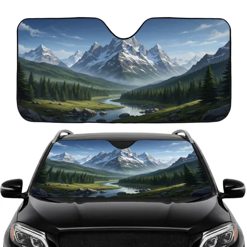 Snow-Capped Mountain River Valley - Road Trip Gift Car Sunshade