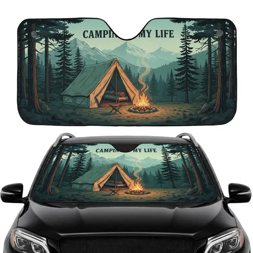 Camping Is My Life Tent Campfire Mountain - Road Trip Gift for Camper Lover Car Sunshade