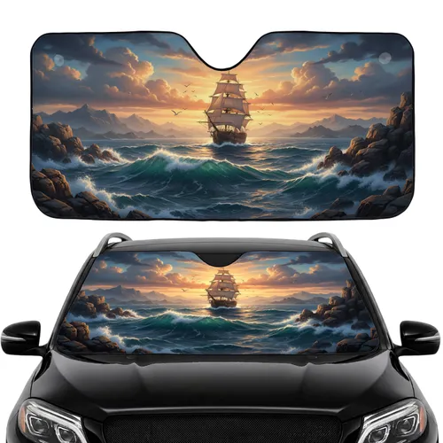 Majestic Tall Ship Ocean Waves Sunset Seascape - Car Interior Upgrade Car Sunshade