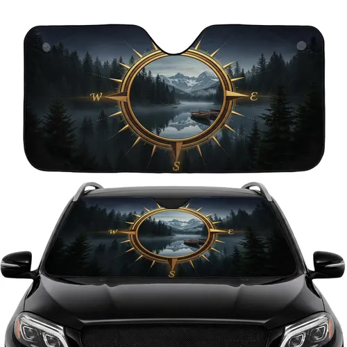Vintage Nautical Compass Rose Mountain Lake - Road Trip Gift Car Sunshade