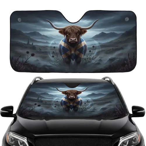 Highland Cow Scottish Flag Highlands Landscape - Car Interior Upgrade Car Sunshade