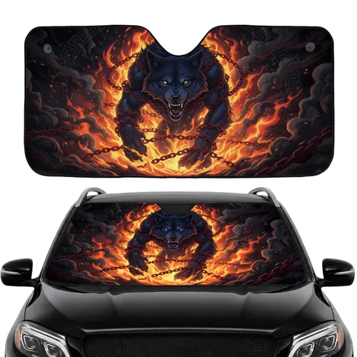 Snarling Chained Wolf Fiery Flames Greek Key - Car Interior Upgrade Car Sunshade