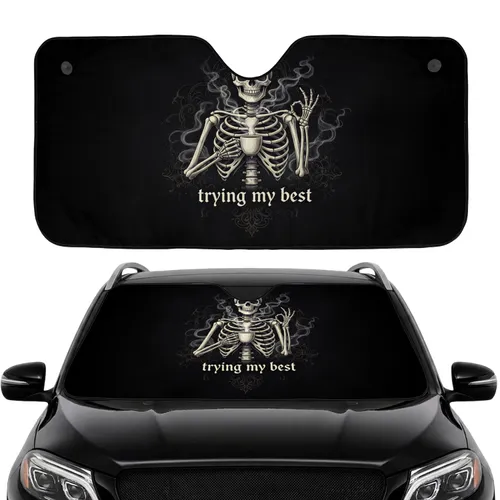 Dark Skeleton Coffee OK Gesture 'Trying My Best' - Car Interior Upgrade Car Sunshade