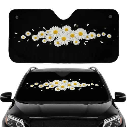 White Daisies Yellow Centers Black Field - Car Interior Upgrade Car Sunshade