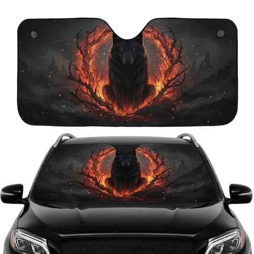 Majestic Black Wolf Crimson Eye Fiery Tendrils Demonic Aura - Road Trip Travel Accessory Car Sunshade