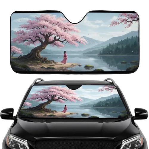 Ancient Cherry Blossom Tree Pink Blooms Kimono Figure Lake - Car Interior Upgrade Car Sunshade