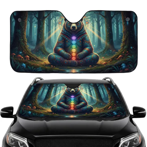 Meditating Grizzly Bear Chakra Mandala Forest - Car Interior Upgrade for Yoga Lover Car Sunshade