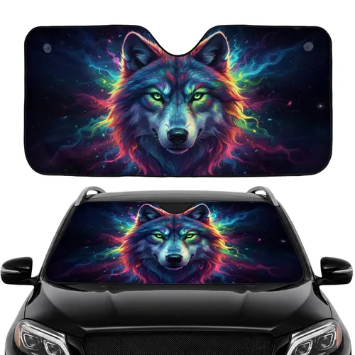 Aurora Wolf Head Cosmic Nebula - Road Trip Travel Accessory Car Sunshade