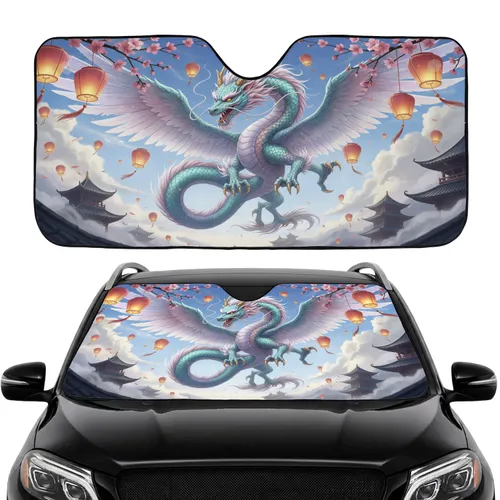 Majestic East Asian Dragon Pagoda Lanterns Cherry Blossom Car Interior Upgrade Car Sunshade