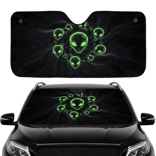 Neon Green Alien Heads Cosmic Dust Nebula - Car Interior Upgrade Sci-Fi Fan Gift Car Sunshade